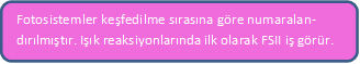 Fotosistemler keşfedilme sırasına göre numaralan- dırılmıştır. Işık reaksiyonlarında ilk olarak FSII iş görür. 

